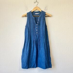 FAHERTY Isha Mini Dress Indigo Pleated Sleeveless Linen Chambray Y2K